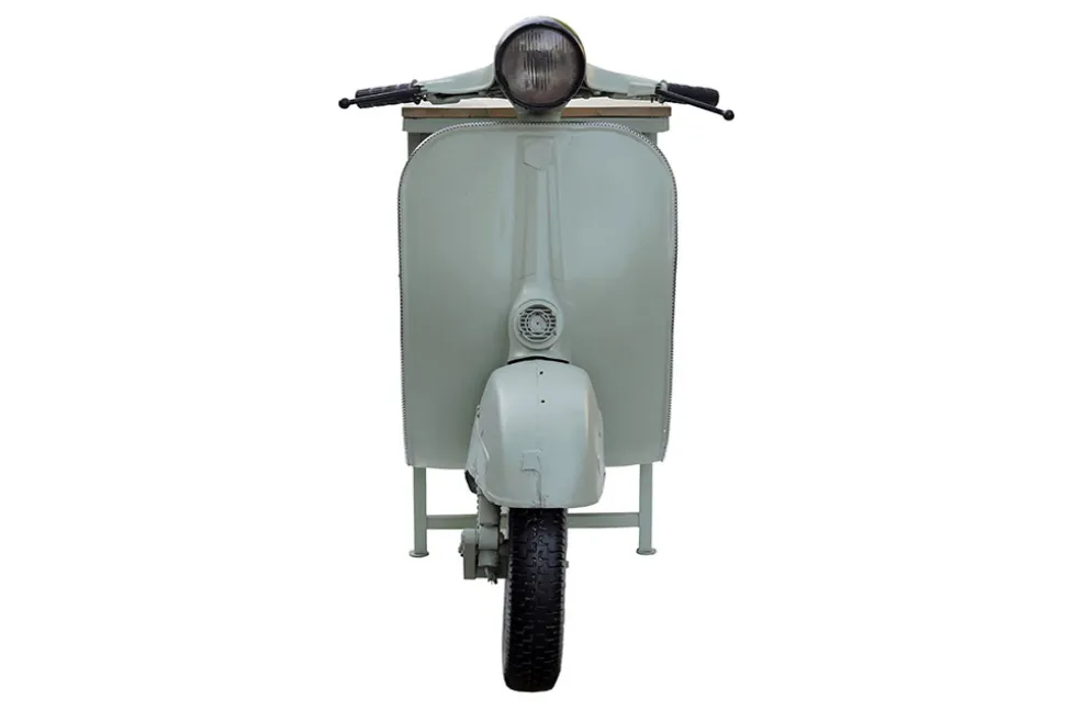 Extravaganter Barschrank SCOOTER 250cm salbei Retro-Konsole Motorroller mit Mangoholz Upcycling