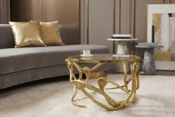 Extravaganter Couchtisch SNAKE 70cm gold rund Metall Schlangen-Skulptur Glasplatte