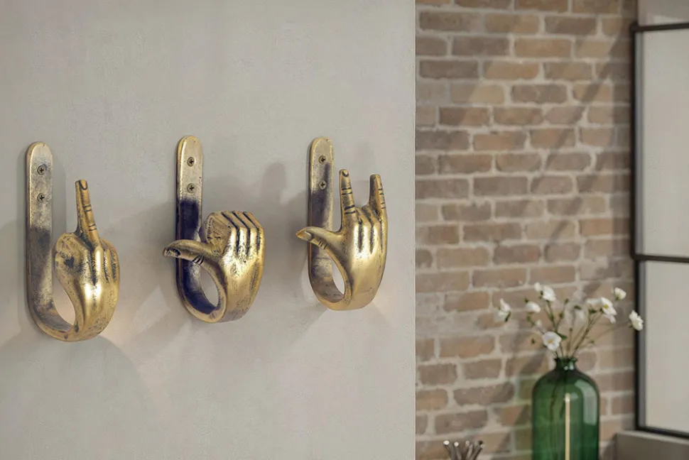 Extravagantes 3er Set Kleiderhaken FINGERS messing Metall-Aluminium Wandgarderobe