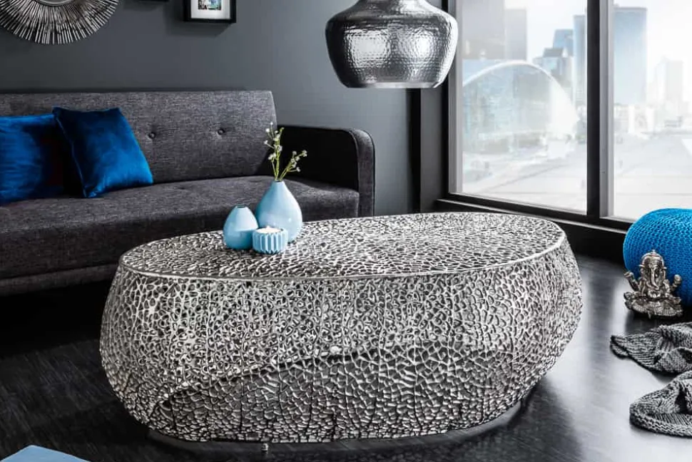 Filigraner Design Couchtisch ABSTRACT LEAF 130cm silber Handarbeit