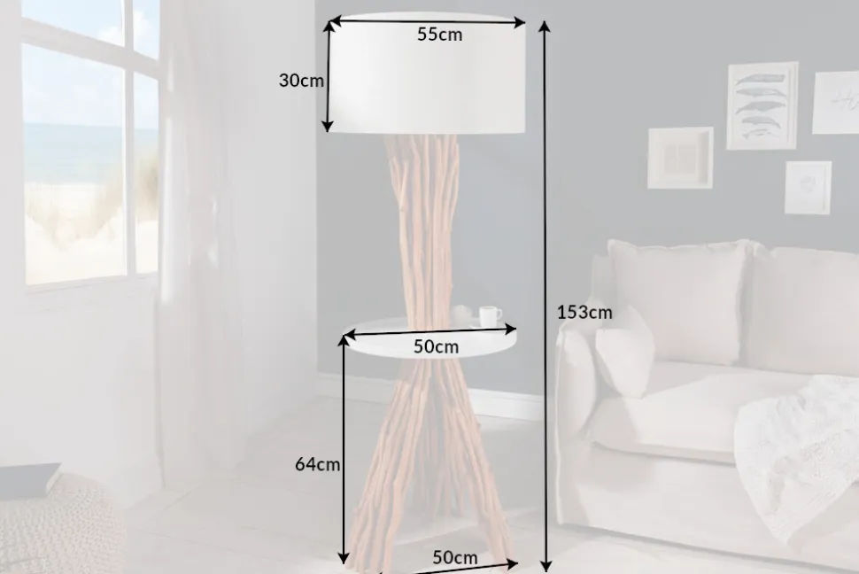 Funktionelle Stehlampe SERVANT 153cm Longan-Massivholz mit Tisch und Leinenschirm