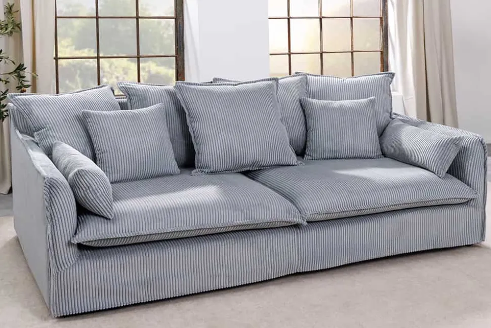 Großes 3-Sitzer Sofa HEAVEN 200cm hellgrau Cord Federkern Hussensofa abnehmbarer Bezug