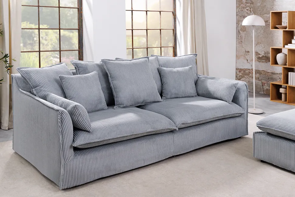 Großes 3-Sitzer Sofa HEAVEN 200cm hellgrau Cord Federkern Hussensofa abnehmbarer Bezug
