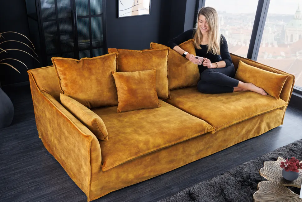 Großes 3-Sitzer Sofa HEAVEN 200cm senfgelb Samt Federkern waschbarer Bezug Hussensofa Couch