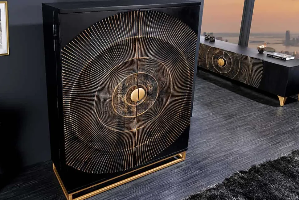 Handgearbeiteter Barschrank GOLDEN SUNSET 140cm schwarz gold Mangoholz massiv