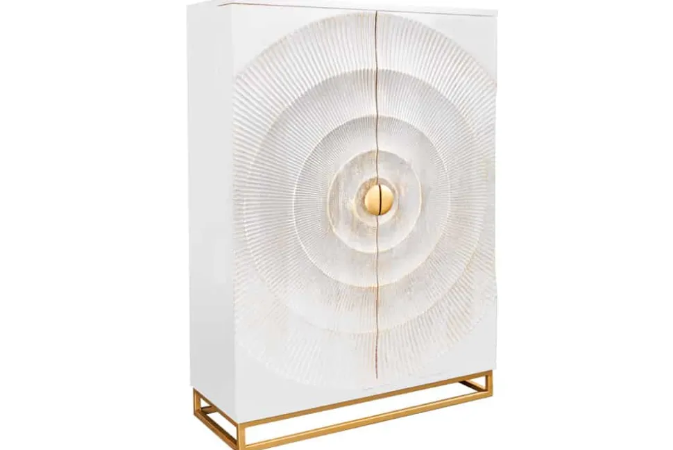 Handgearbeiteter Barschrank GOLDEN SUNSET 140cm weiß gold Mangoholz massiv