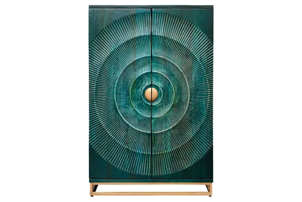 Handgearbeiteter Barschrank GOLDEN SUNSET 140cm türkis Mangoholz massiv