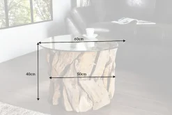 Handgearbeiteter Couchtisch RIVERSIDE 60cm Teakholz runde Glasplatte Massivholz