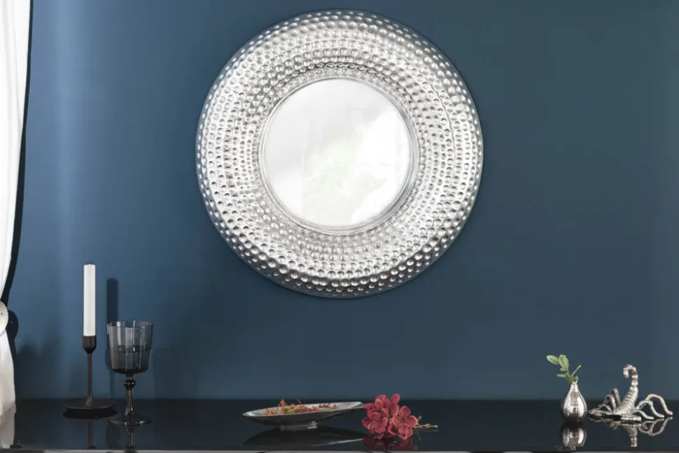 Handgearbeiteter Wandspiegel ORIENT 60cm silber im Hammerschlag Design aus Metall