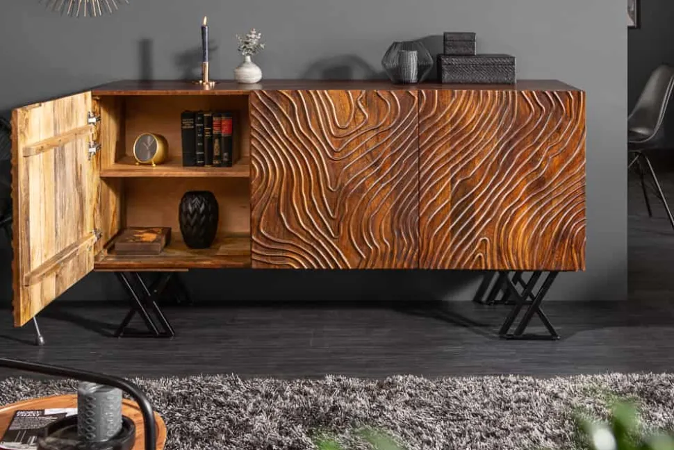 Handgearbeitetes Sideboard FLUID 160cm Mangoholz mit aufwendigen 3D Schnitzereien