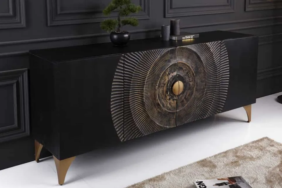 Handgearbeitetes Sideboard GOLDEN SUNSET 180cm schwarz mit 3D Schnitzereien gold Mangoholz Metallbeine