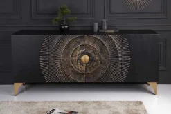 Handgearbeitetes Sideboard GOLDEN SUNSET 180cm schwarz mit 3D Schnitzereien gold Mangoholz Metallbeine