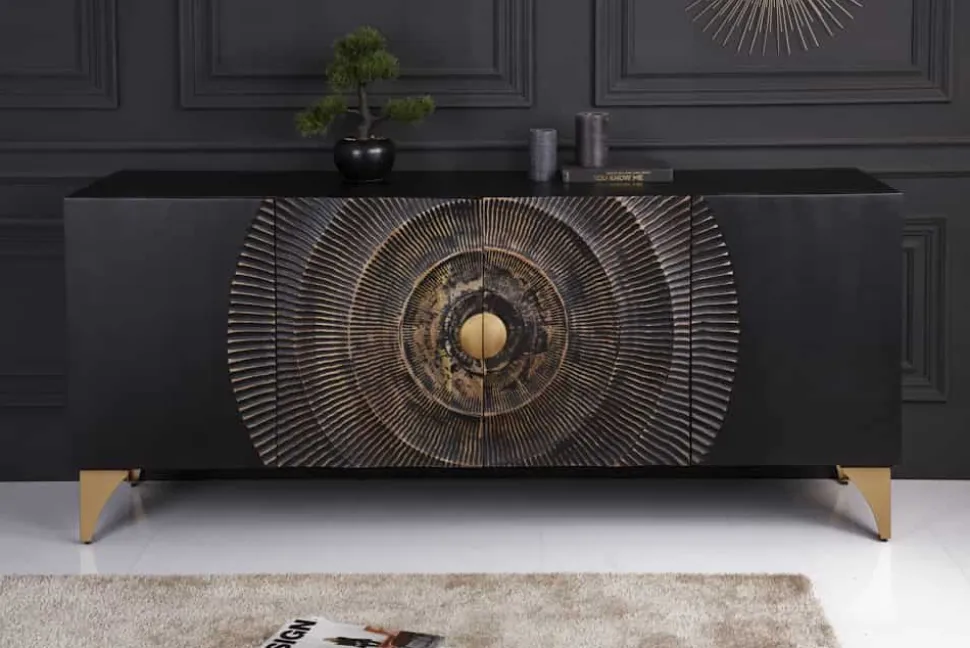 Handgearbeitetes Sideboard GOLDEN SUNSET 180cm schwarz mit 3D Schnitzereien gold Mangoholz Metallbeine