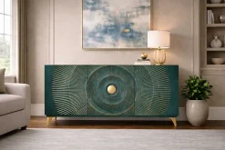 Handgearbeitetes Sideboard GOLDEN SUNSET 140cm türkis mit 3D Schnitzereien gold Mangoholz Metallbeine