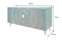 Handgearbeitetes Sideboard GOLDEN SUNSET 140cm türkis mit 3D Schnitzereien gold Mangoholz Metallbeine