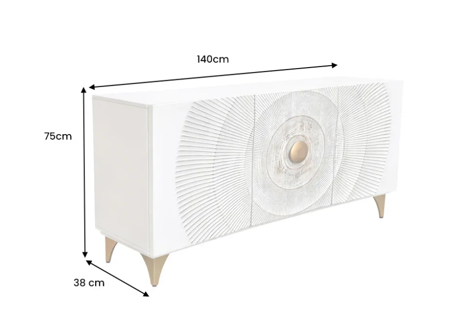 Handgearbeitetes Sideboard GOLDEN SUNSET 140cm weiß mit 3D Schnitzereien gold Mangoholz Metallbeine