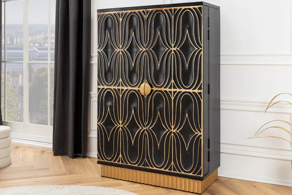 Handgefertigter Barschrank PIAZZA SAN MARCO 140cm grau gold Mangoholz massiv 3D-Design