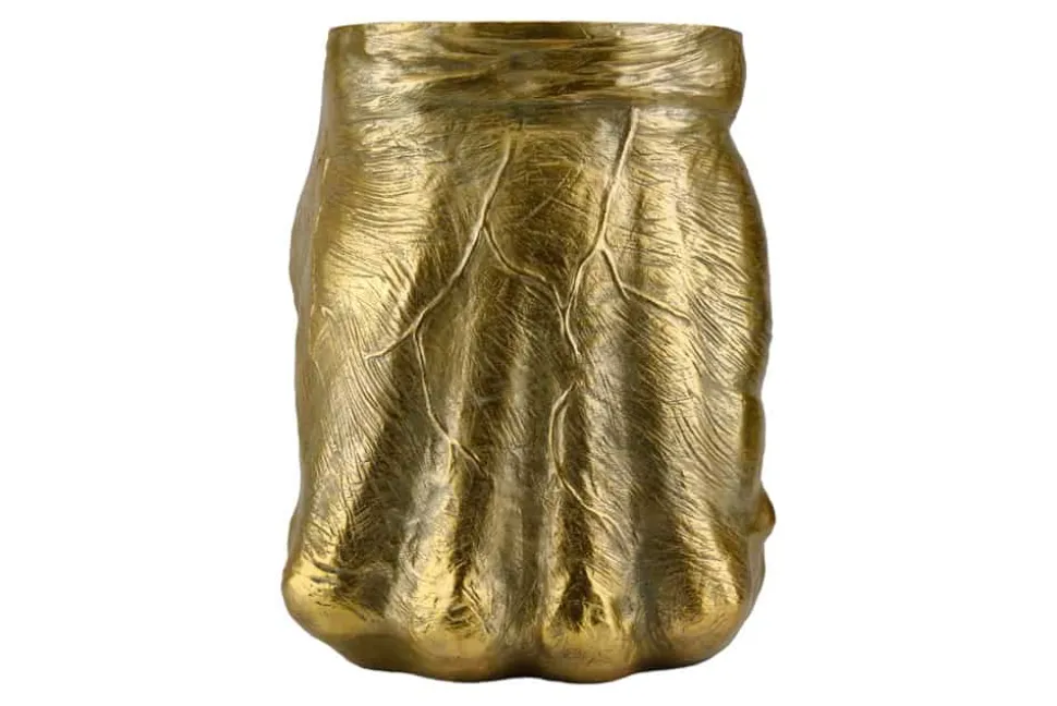 Handgefertigter Beistelltisch FIST 50cm gold runde Tischplatte Faust-Skulptur