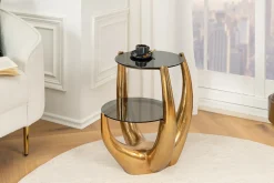 Handgefertigter Beistelltisch LEVELS 50cm gold antik Schwarzglas schwarz Metall