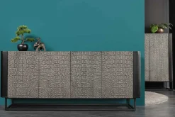 Handgefertigtes Sideboard CROCO 180cm grau schwarz Mangoholz mit 3D Schnitzereien massiv Metall