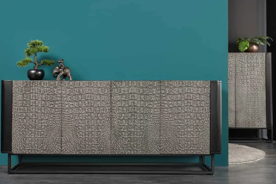 Handgefertigtes Sideboard CROCO 180cm grau schwarz Mangoholz mit 3D Schnitzereien massiv Metall