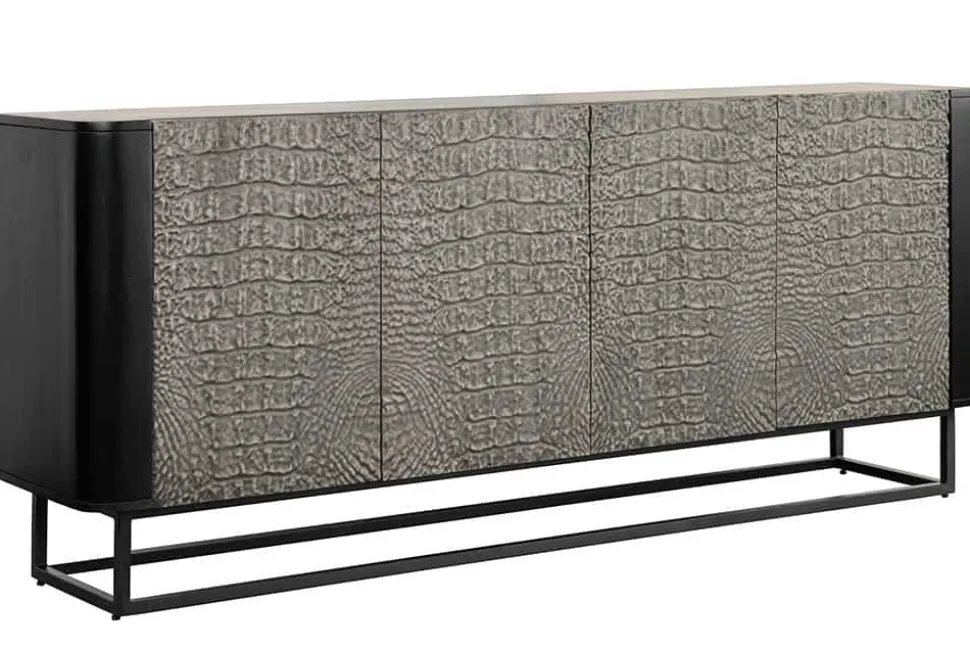 Handgefertigtes Sideboard CROCO 180cm grau schwarz Mangoholz mit 3D Schnitzereien massiv Metall
