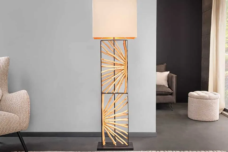 Handgefertigte Stehlampe EUPHORIA 165cm natur Longanholz beige mit Lampenschirm