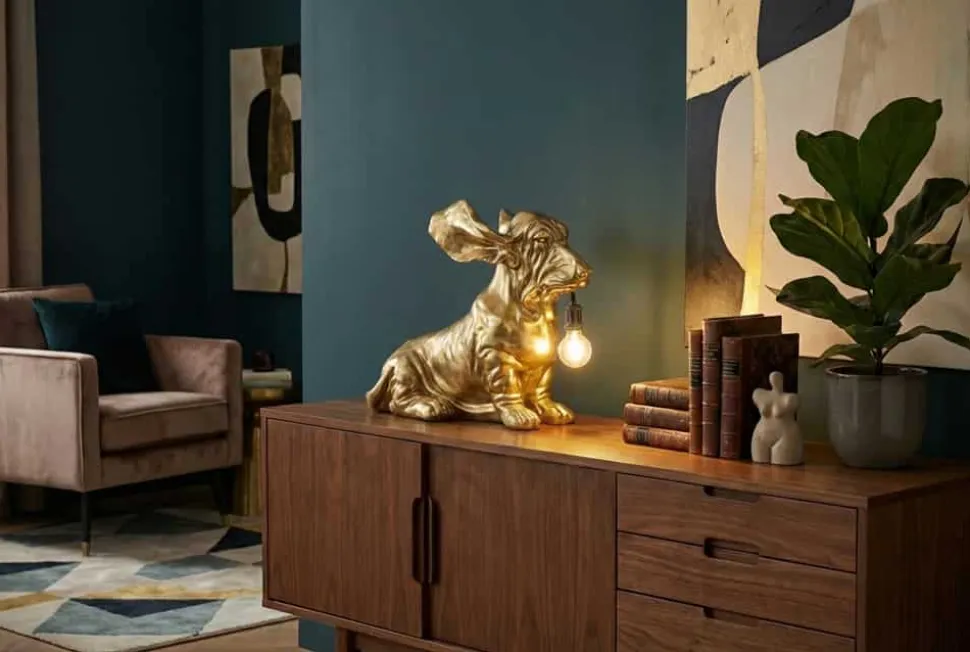 Handgefertigte Tischlampe DACKEL 70cm gold Hunde-Skulptur