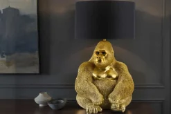 Handgefertigte Tischlampe KING APE 55cm gold schwarzer Stoffschirm Gorilla-Skulptur
