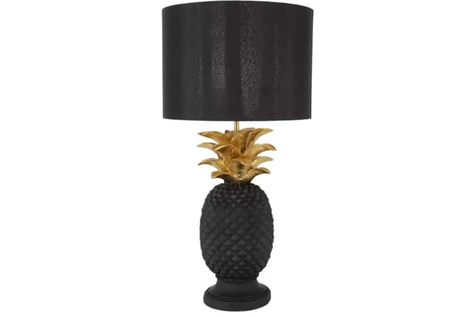 Handgefertigte Tischlampe PINEAPPLE 50cm schwarz Ananas-Design gold mit Stoffschirm