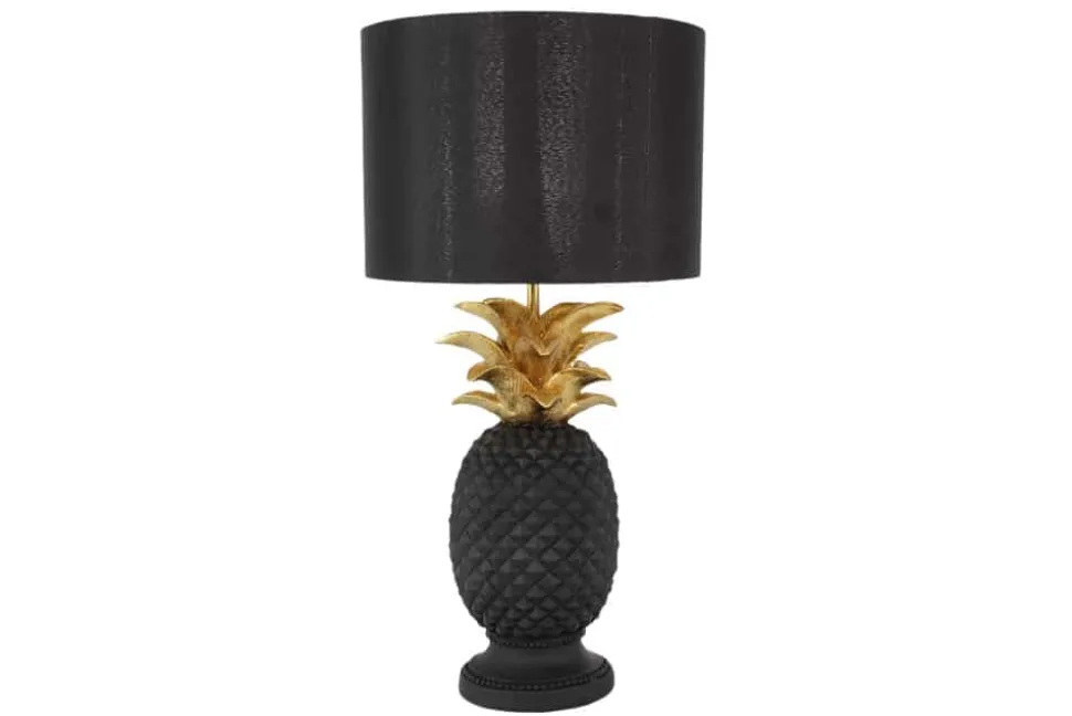 Handgefertigte Tischlampe PINEAPPLE 50cm schwarz Ananas-Design gold mit Stoffschirm