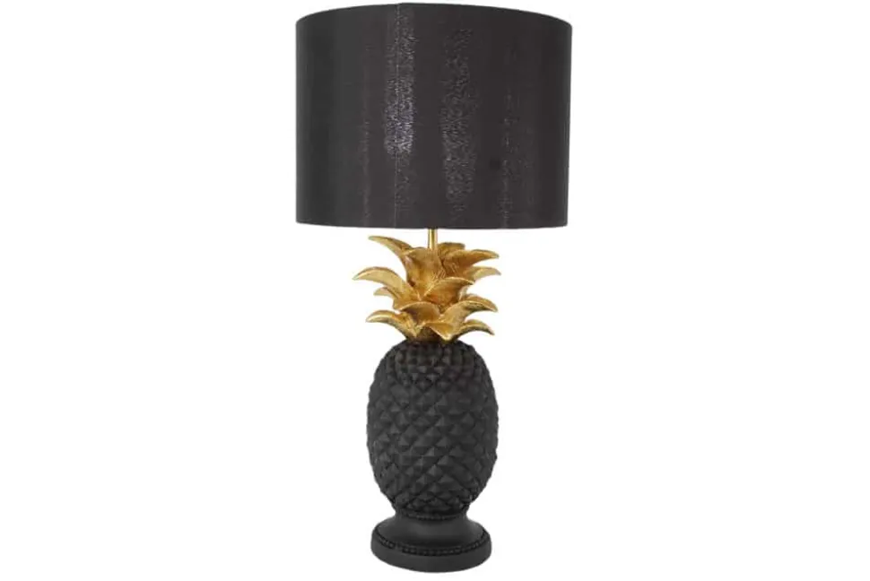 Handgefertigte Tischlampe PINEAPPLE 50cm schwarz Ananas-Design gold mit Stoffschirm