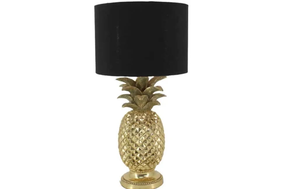 Handgefertigte Tischlampe PINEAPPLE 50cm gold schwarz Ananas-Design mit Stoffschirm