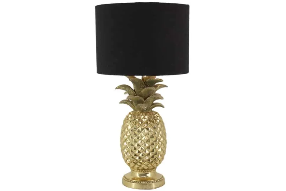 Handgefertigte Tischlampe PINEAPPLE 50cm gold schwarz Ananas-Design mit Stoffschirm