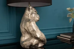 Handmade Tischlampe KONG 60cm silber Metall Affe Gorilla Dekoleuchte schwarzer Lampenschirm