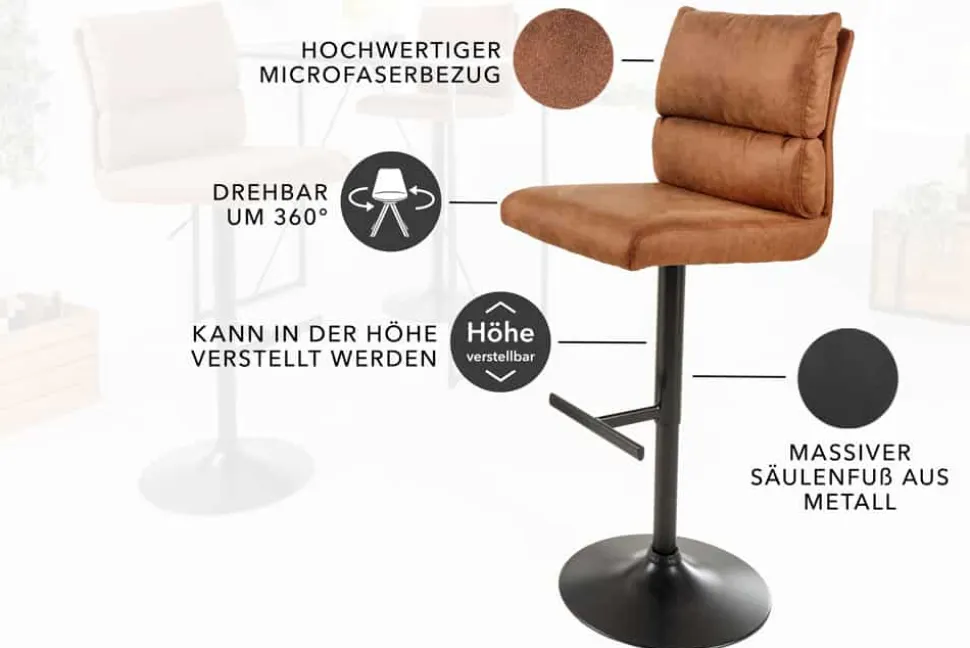Höhenverstellbarer Barhocker COMFORT antik braun Microfaser drehbar mit Lehne Metall schwarz