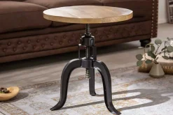 Höhenverstellbarer Beistelltisch ENGINEER 50cm Mangoholz Industrial Design massiv rund Eisen