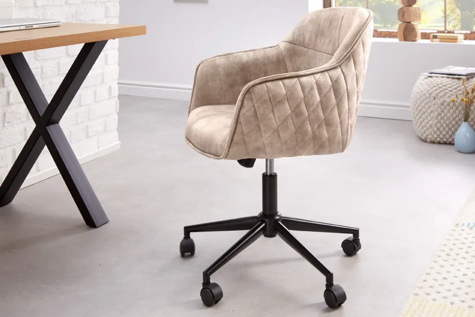 Höhenverstellbarer Design Bürostuhl EUPHORIA champagner greige Samt drehbar Ziersteppung