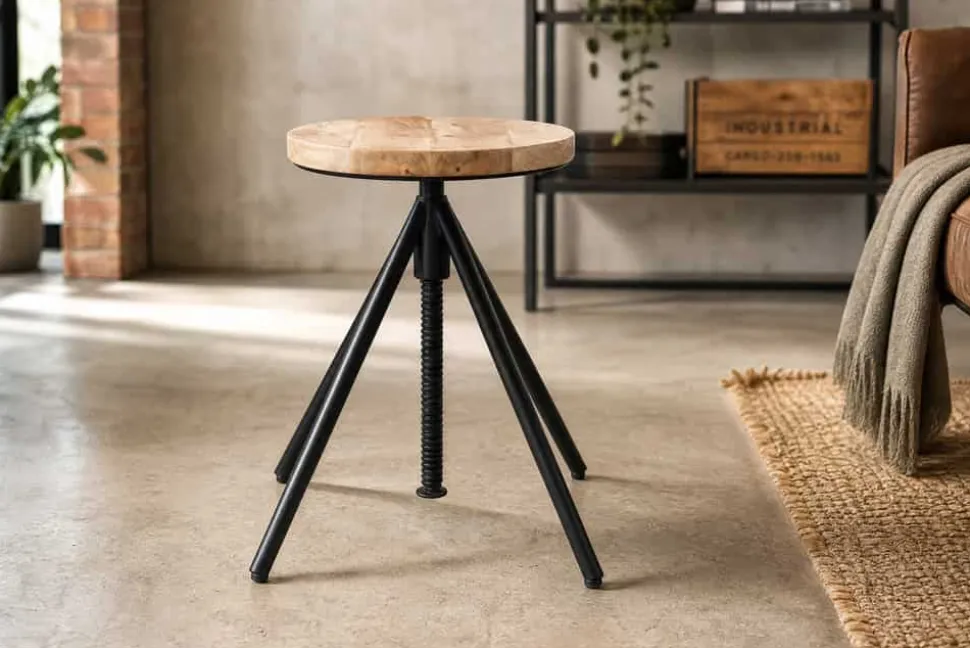 Höhenverstellbarer Hocker FACTORY 60cm natur Mangoholz Metall Sitzhocker
