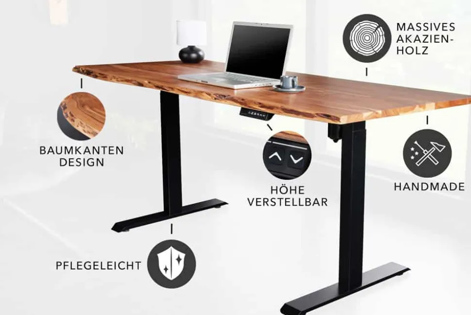 Höhenverstellbarer Schreibtisch MAMMUT 180cm Akazie Massivholz Baumkante handmade