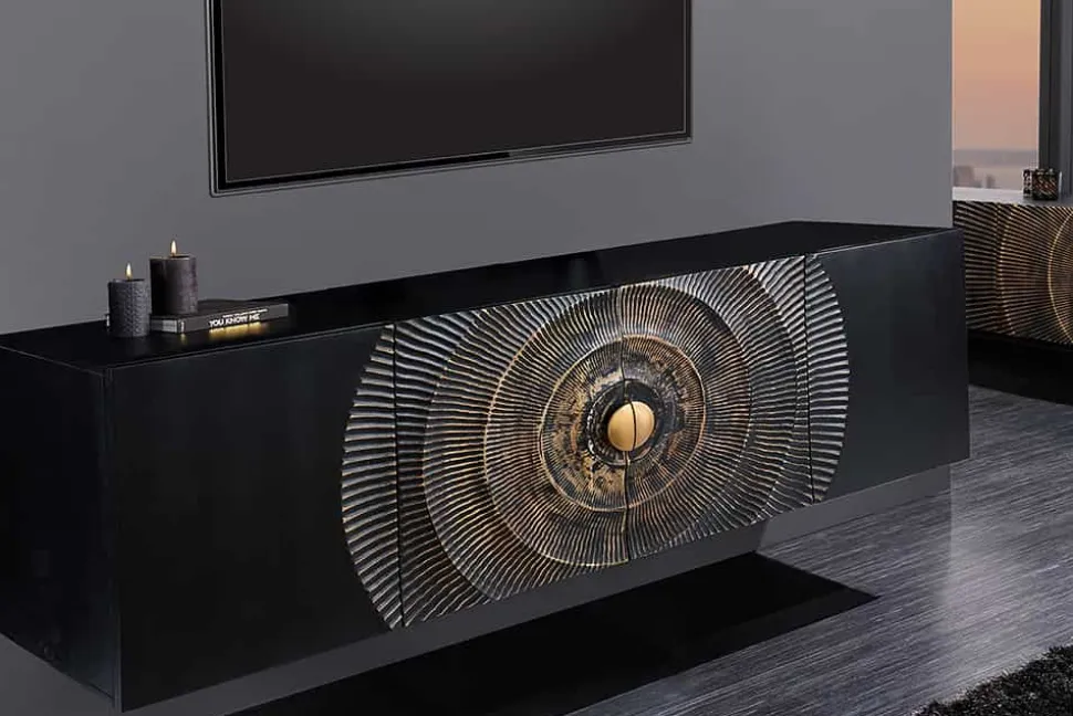 Hängendes Sideboard GOLDEN SUNSET 180cm schwarz mit 3D Schnitzereien gold massiv Mangoholz handmade