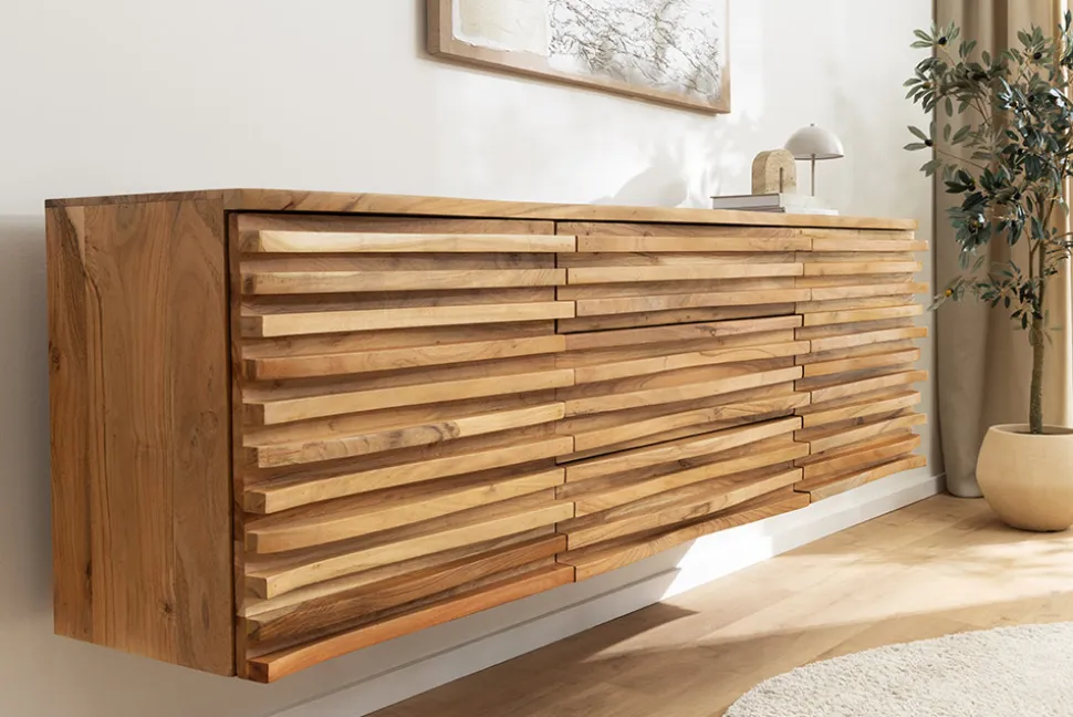 Hängendes Sideboard RELIEF 175cm natur Akazie Massivholz mit Schubladen