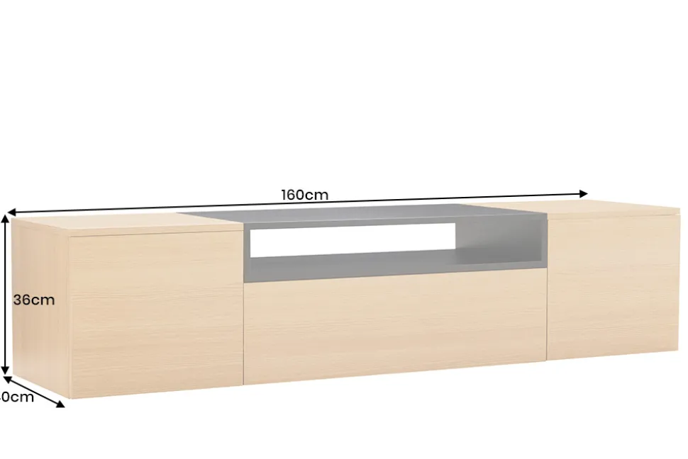 Hängendes TV-Board LOFT 160cm natur schwarz drei Fächer mit Schublade