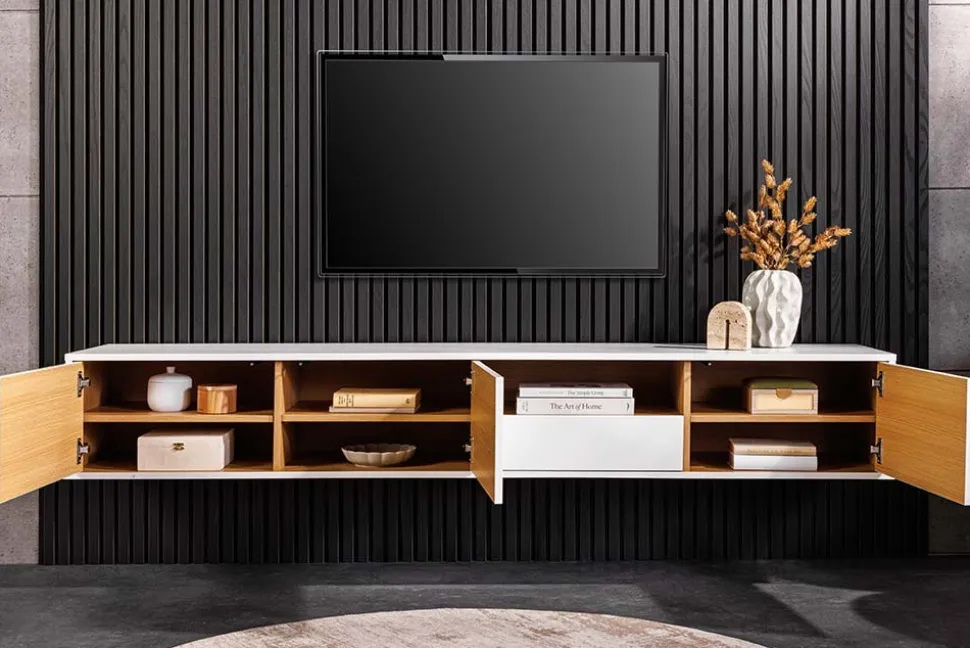 Hängendes TV-Board LOFT 200cm weiß natur sieben Fächer mit Schublade
