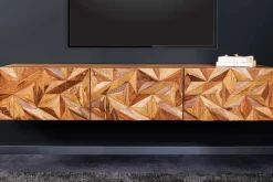 Hängendes TV-Lowboard ALPINE 160cm braun Sheesham Massivholz stone finish Metall gold
