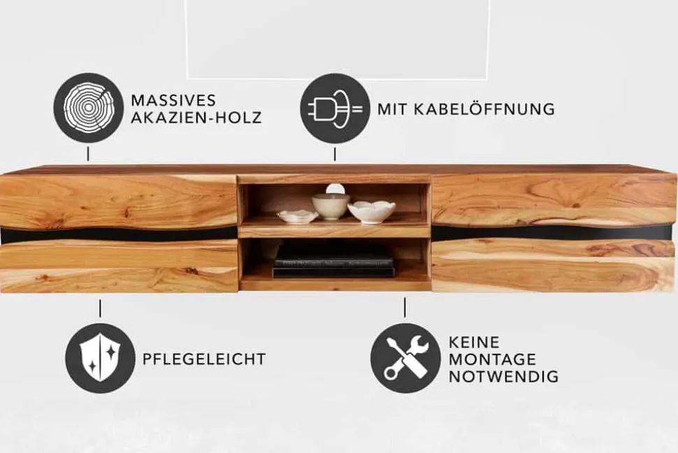Hängendes TV-Lowboard AMAZONAS 160cm natur Akazie Massivholz Baumkante Metall schwarz