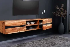 Hängendes TV-Lowboard AMAZONAS 160cm braun Sheesham Massivholz Baumkante Metall schwarz