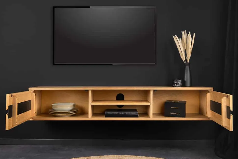 Hängendes TV-Lowboard LIVING EDGE 160cm natur schwarz Wildeiche geölt Baumkante