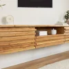 Hängendes TV-Lowboard RELIEF 200cm natur Akazienholz massiv mit aufwändiger Front