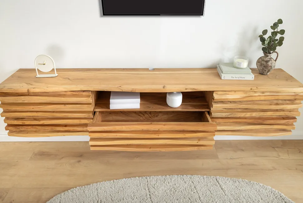Hängendes TV-Lowboard RELIEF 200cm natur Akazienholz massiv mit aufwändiger Front
